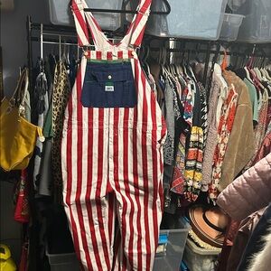 Liberty Red and White Striped Overalls with Blue Pocket